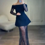 پیراهن یقه قایقی آستین دار با دامن کد 3144