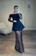 پیراهن یقه قایقی آستین دار با دامن کد 3144